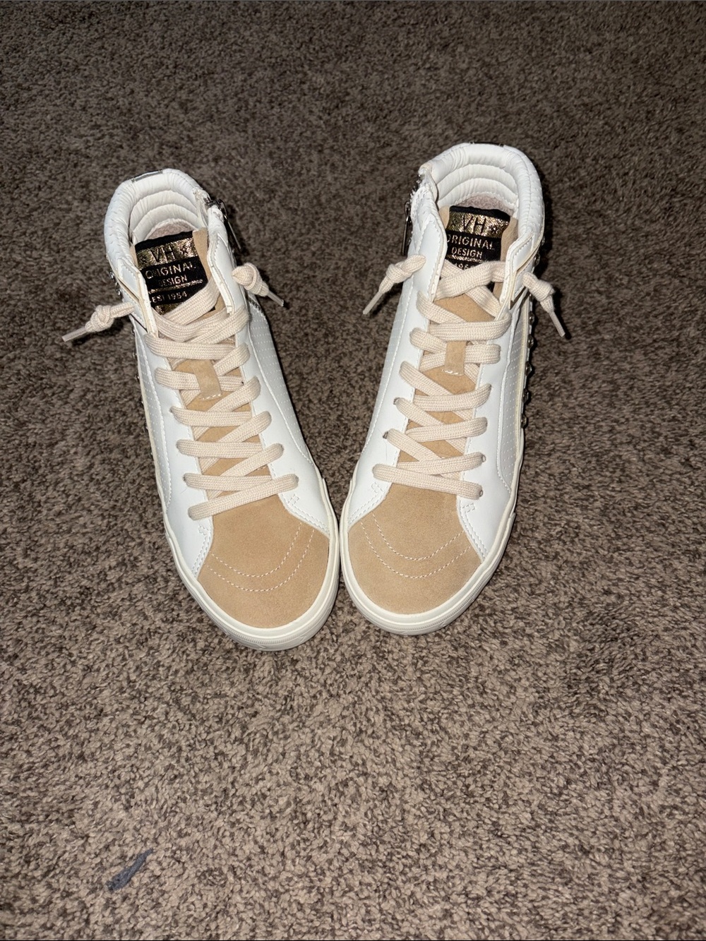 NWOB- Vintage Havana-Women's White and Tan High-Top Sneakers - Casual Zip Detail